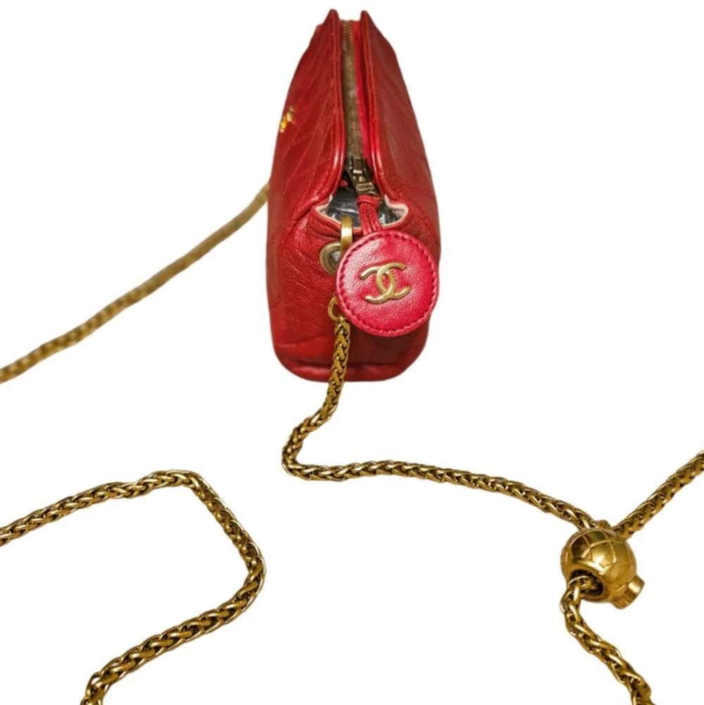 Chanel RARE Authentic lambskin red pouchette bag on ball adjustable chain - Picture 8 of 15